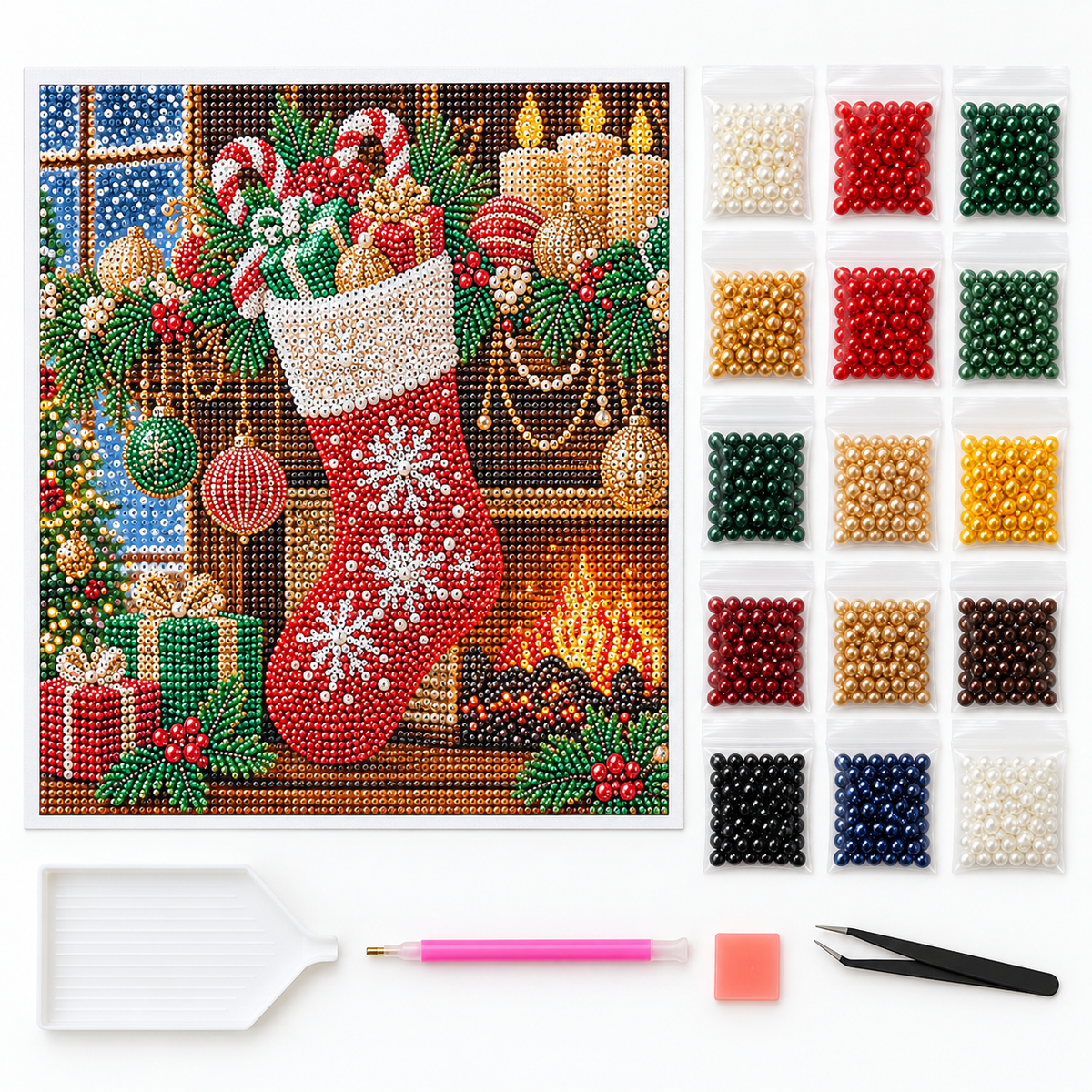 Christmas Stocking Fireplace Pearl Diamond Painting Kit kit image