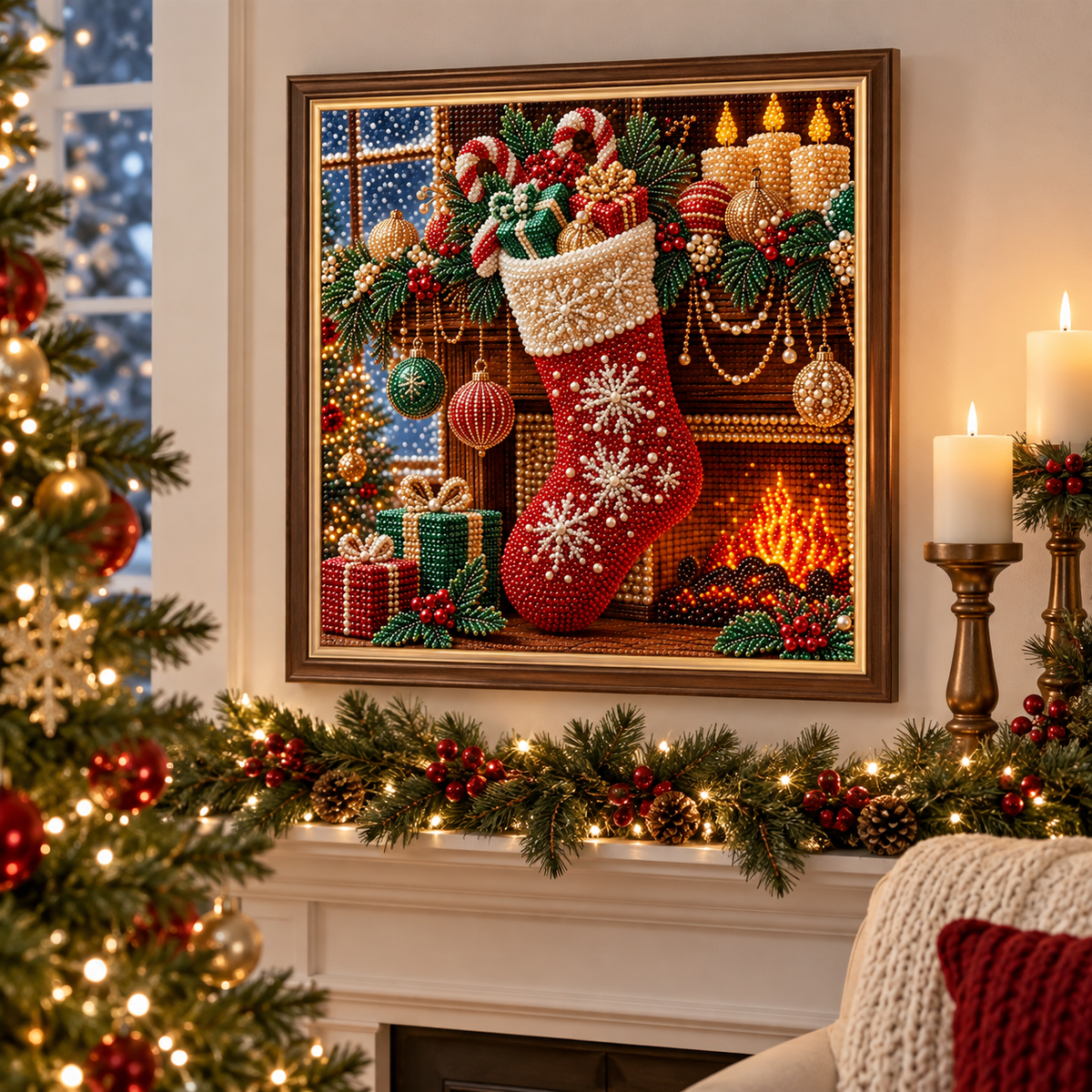 Christmas Stocking Fireplace Pearl Diamond Painting Kit room image