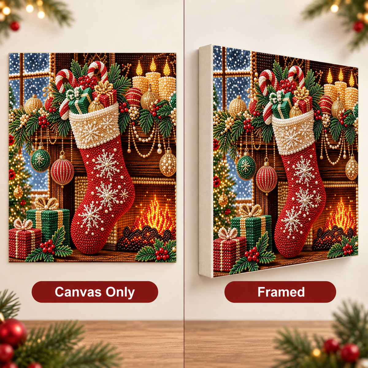 Christmas Stocking Fireplace Pearl Diamond Painting Kit style image