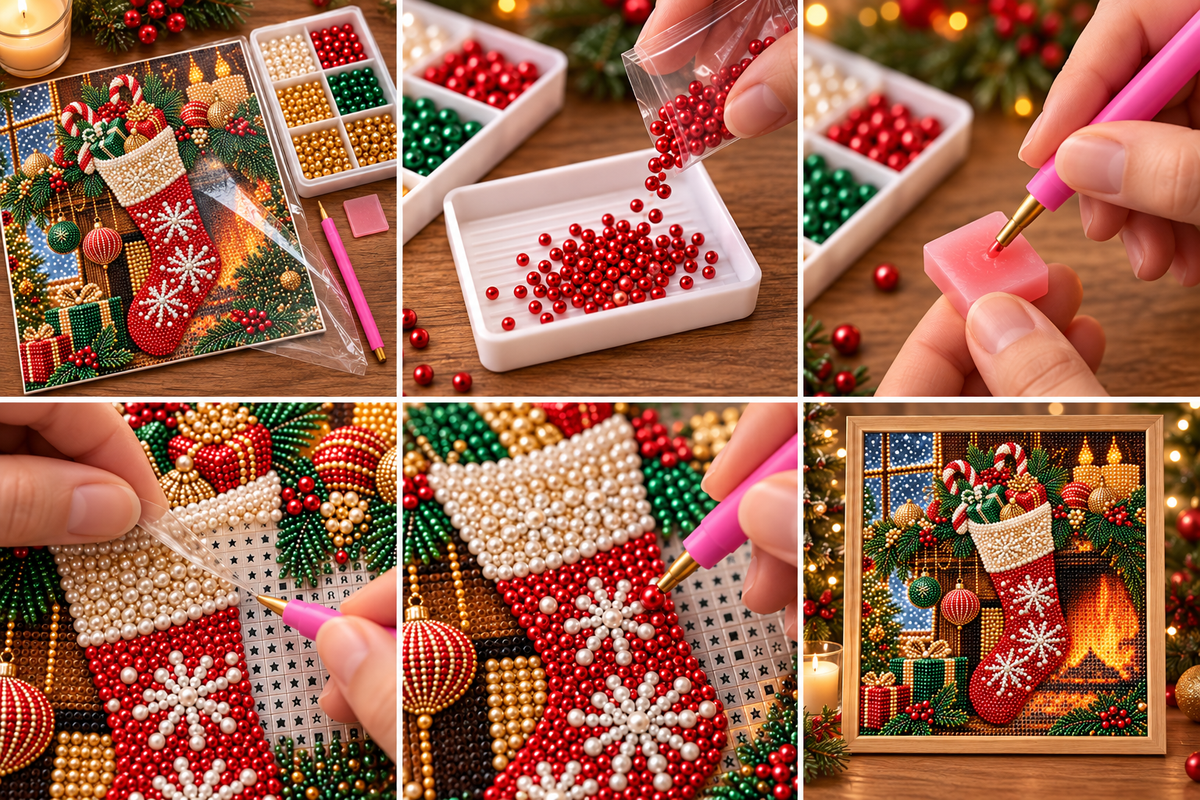 Christmas Stocking Fireplace Pearl Diamond Painting Kit tutorial image
