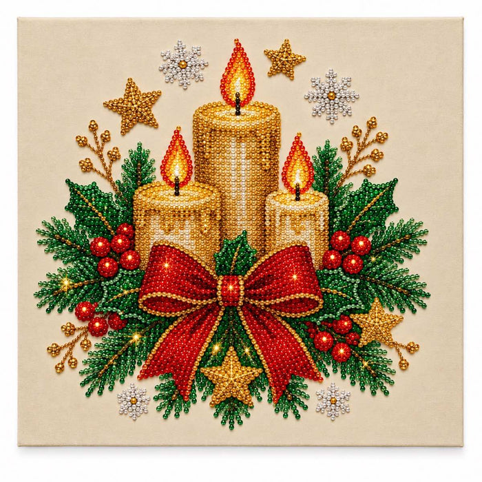 Christmas Three Candle Wreath pearl painting kit, white-background complete design