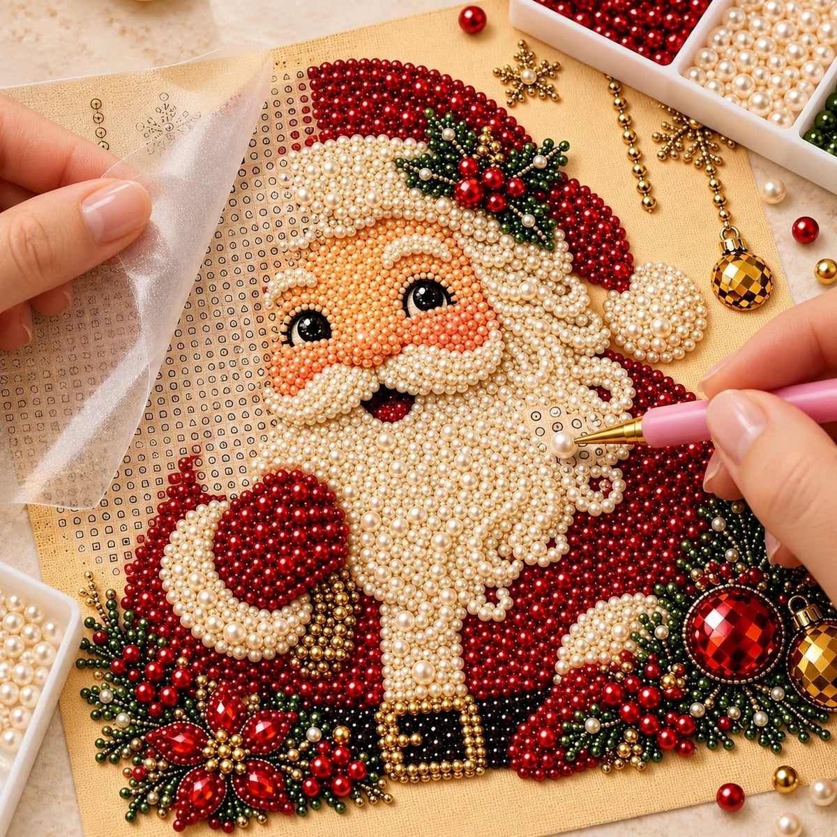 Classic Santa Claus Pearl Diamond Painting Kit process image