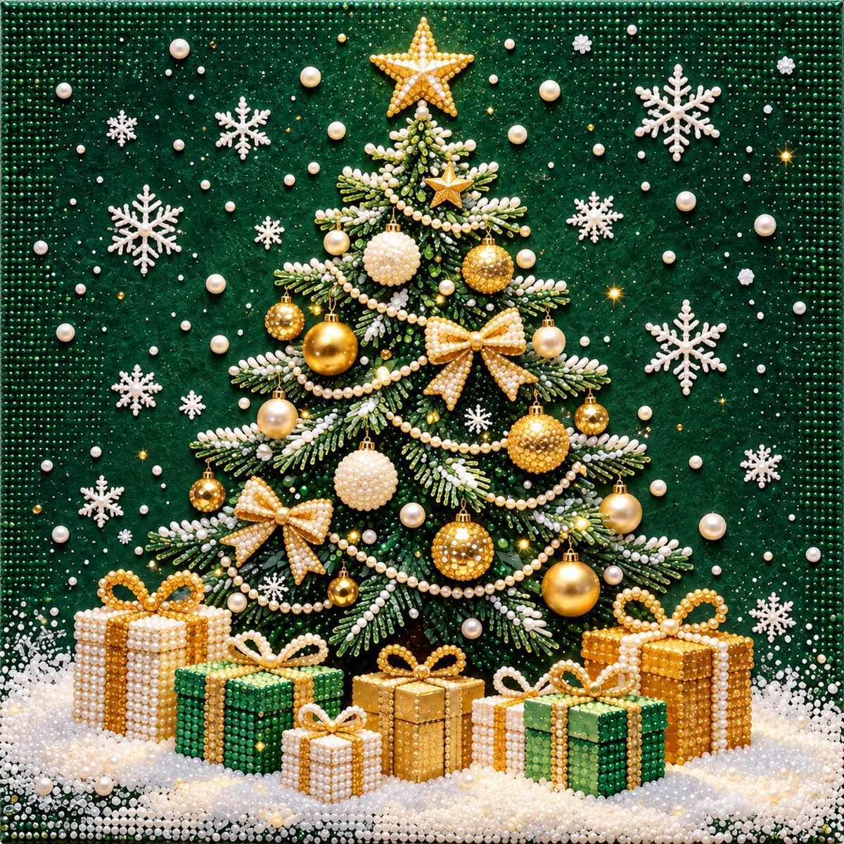 Emerald Christmas Tree and Gifts Pearl Diamond Painting Kit detail