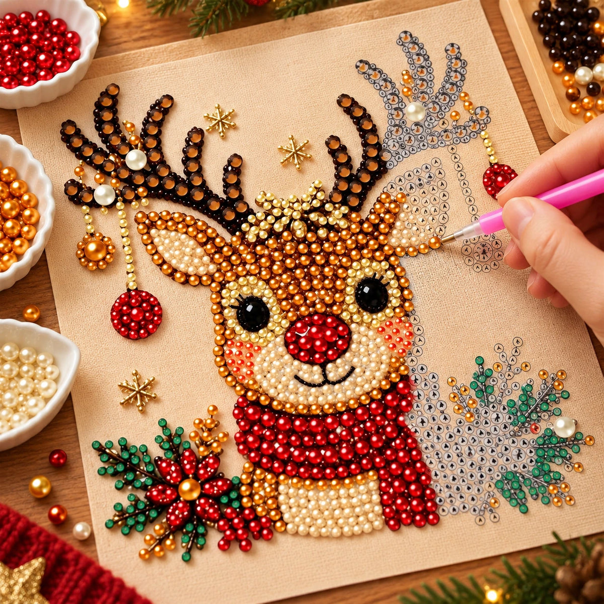 Festive Reindeer Ornament pearl painting kit – process image