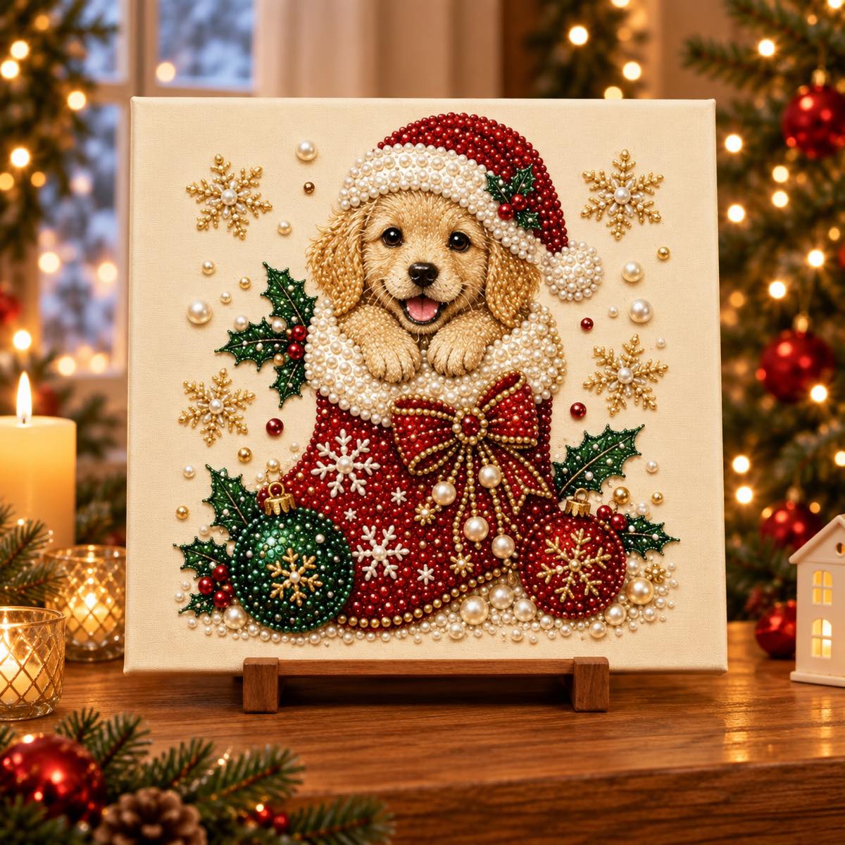 Golden Puppy Christmas Stocking — room image