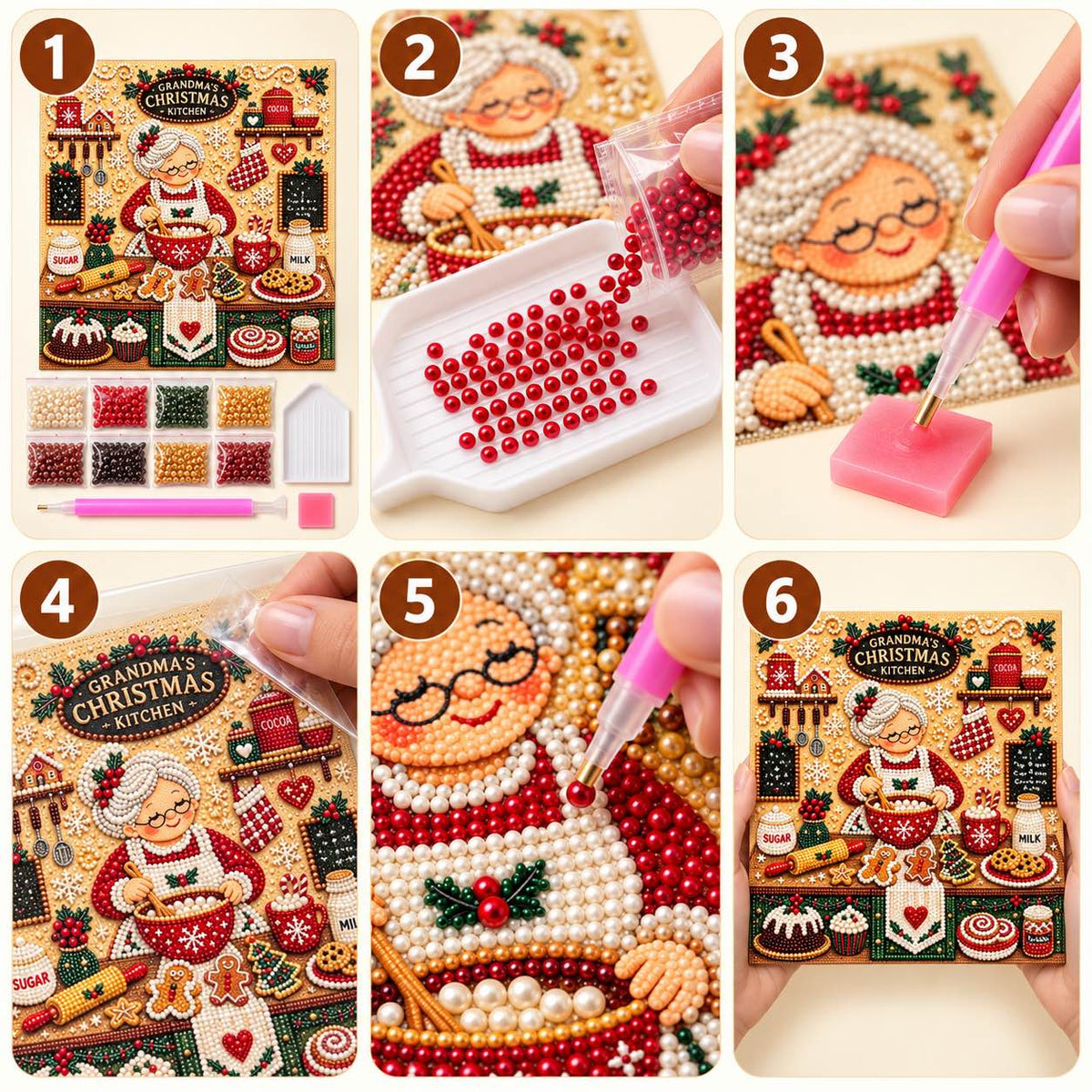 Six-step pearl painting tutorial for Grandma's Christmas Kitchen design.