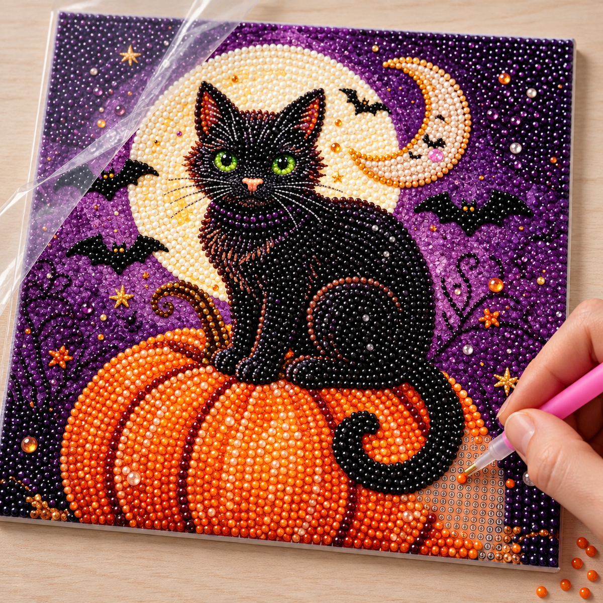 Halloween Black Cat Pumpkin Pearl Diamond Painting detail