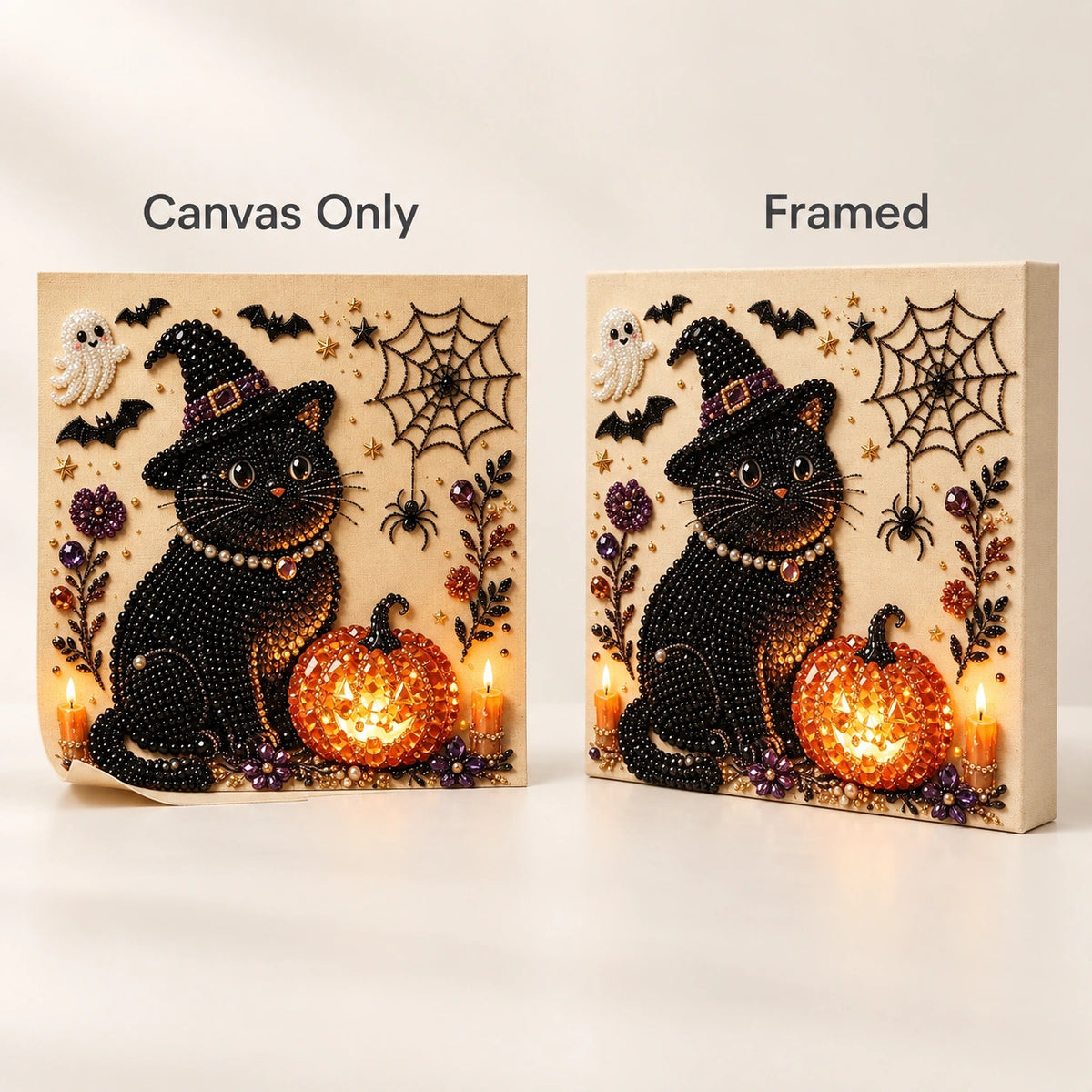 Halloween Witch Cat and Pumpkin Pearl Diamond Painting style