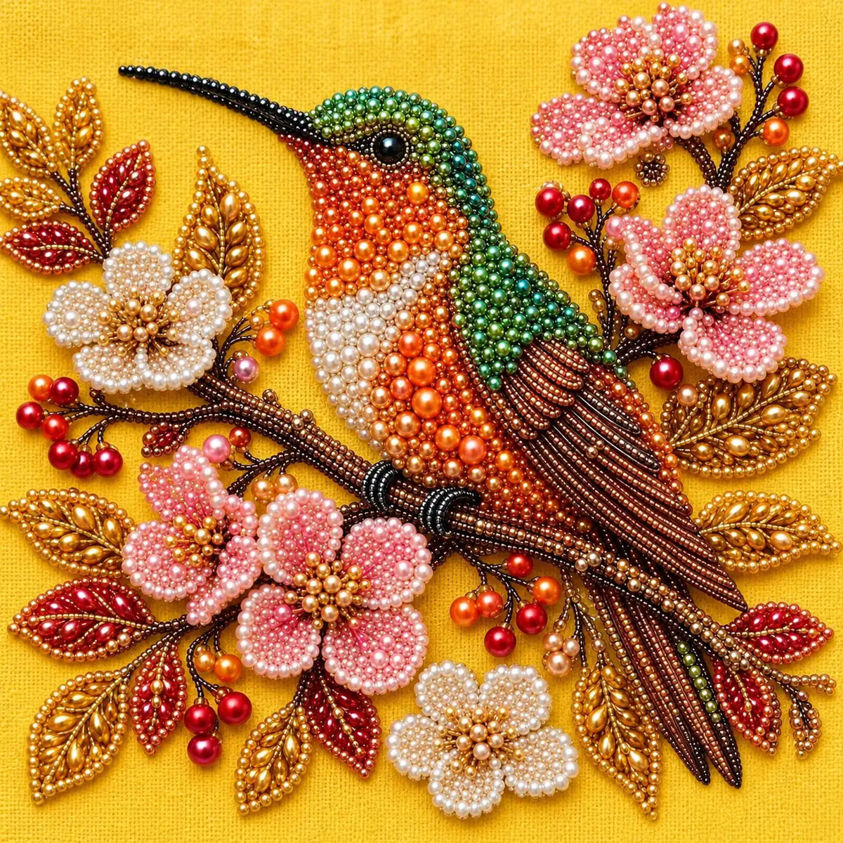 Hummingbird among cherry blossoms pearl painting kit — detail image
