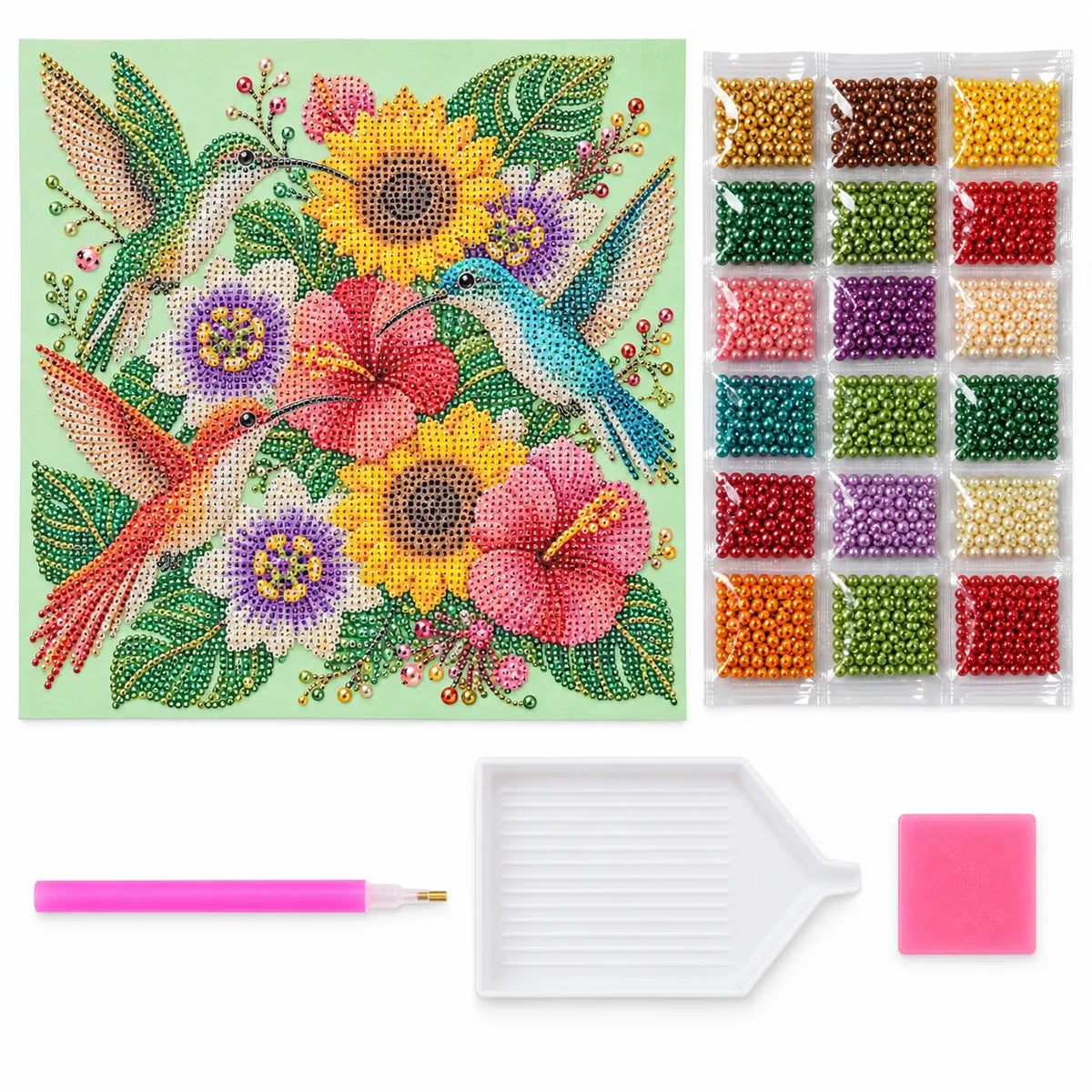 Hummingbirds Tropical Flowers Pearl Diamond Painting Kit – kit image
