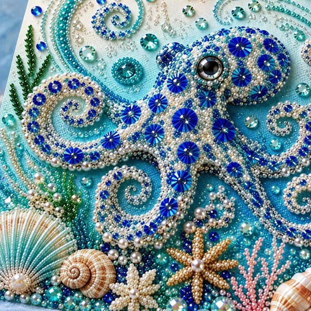 Close-up of glossy pearls and printed canvas in the ocean octopus design