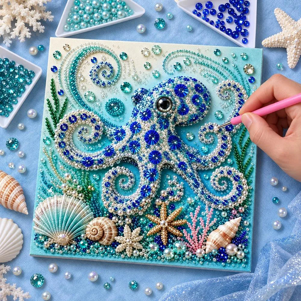 Pearl placement process on the ocean octopus printed canvas