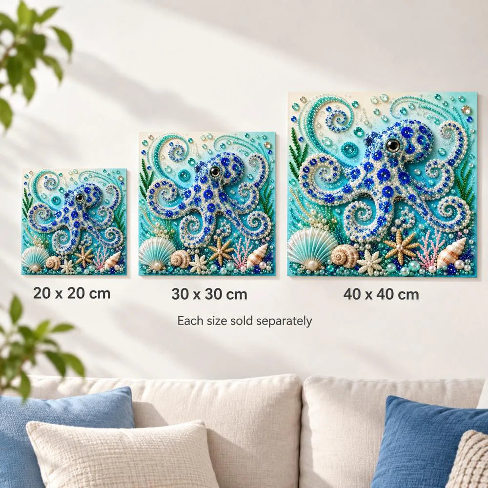 Ocean octopus artwork size comparison for 20, 30 and 40 cm options; each size sold separately