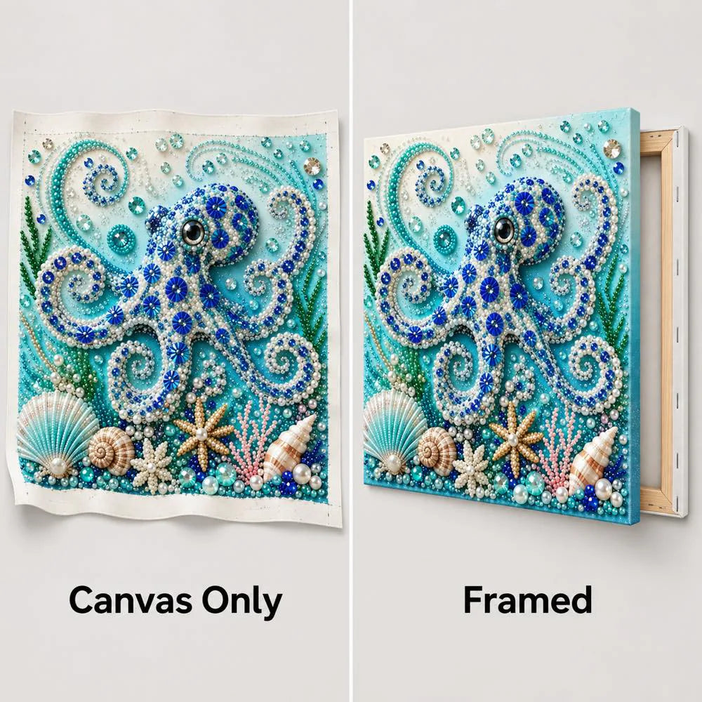 Ocean octopus canvas-only and framed display options; no decorative outer frame included