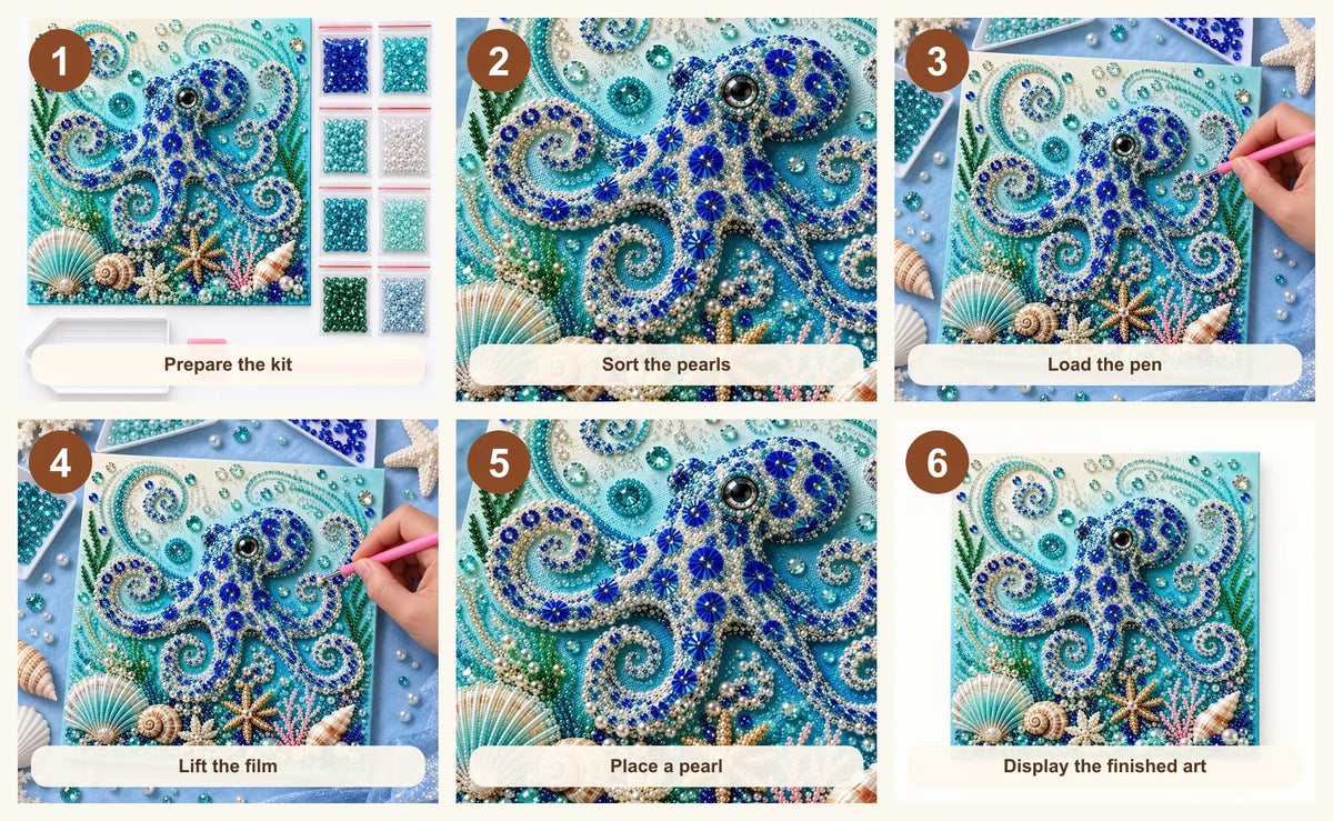 Six illustrated steps for placing pearls on the ocean octopus design