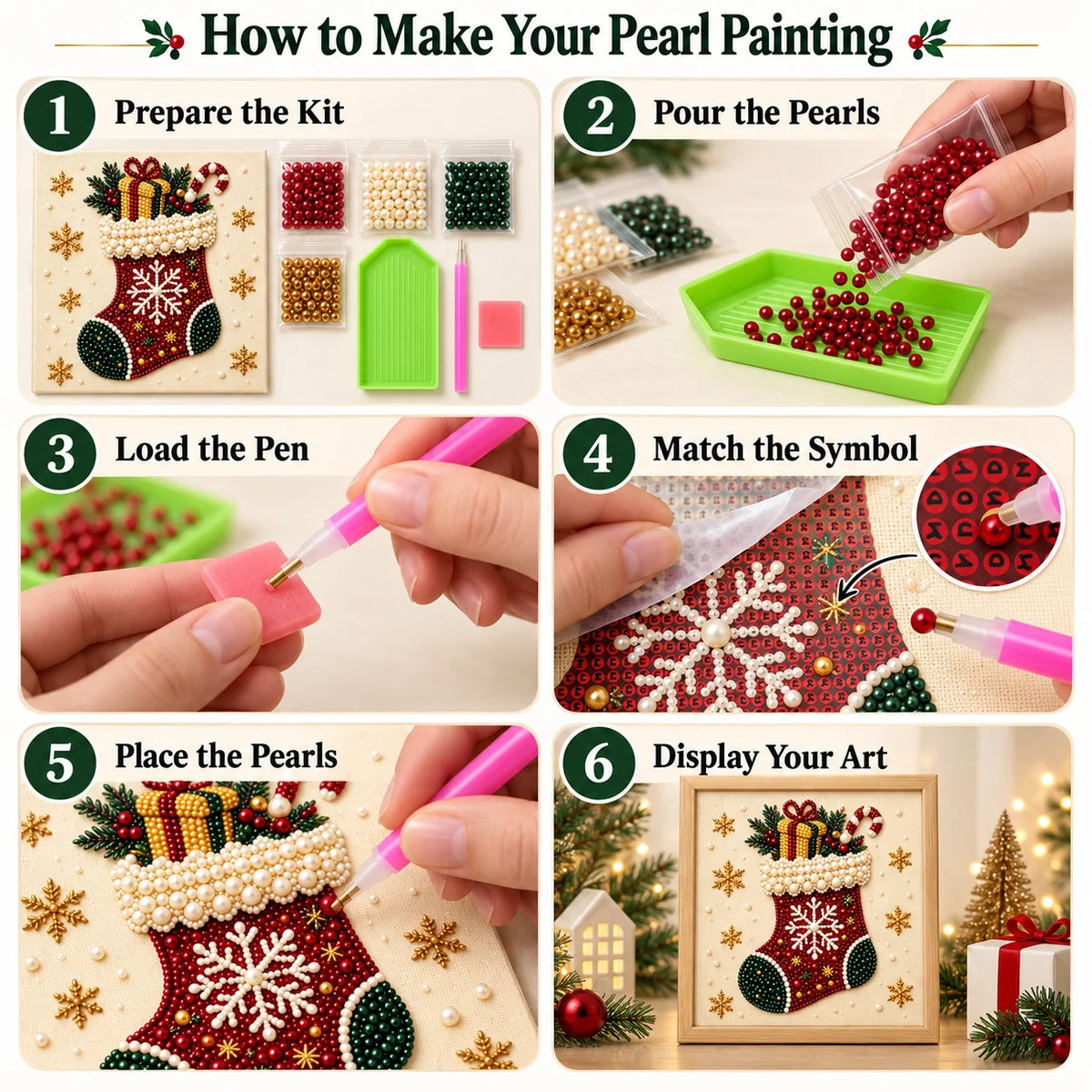 Six step tutorial showing how to make the Christmas stocking pearl painting