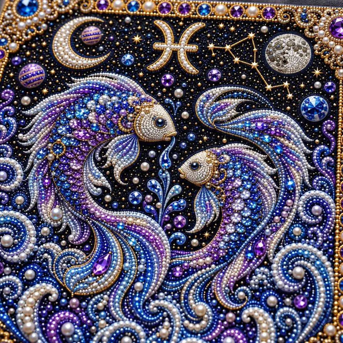 Close-up of glossy pearls and printed canvas in the pisces design