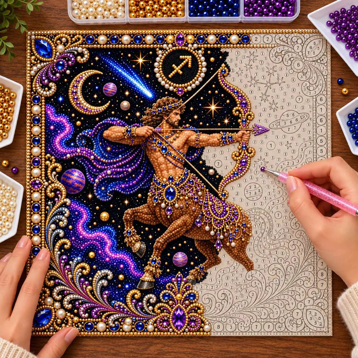 Pearl placement process on the sagittarius printed canvas