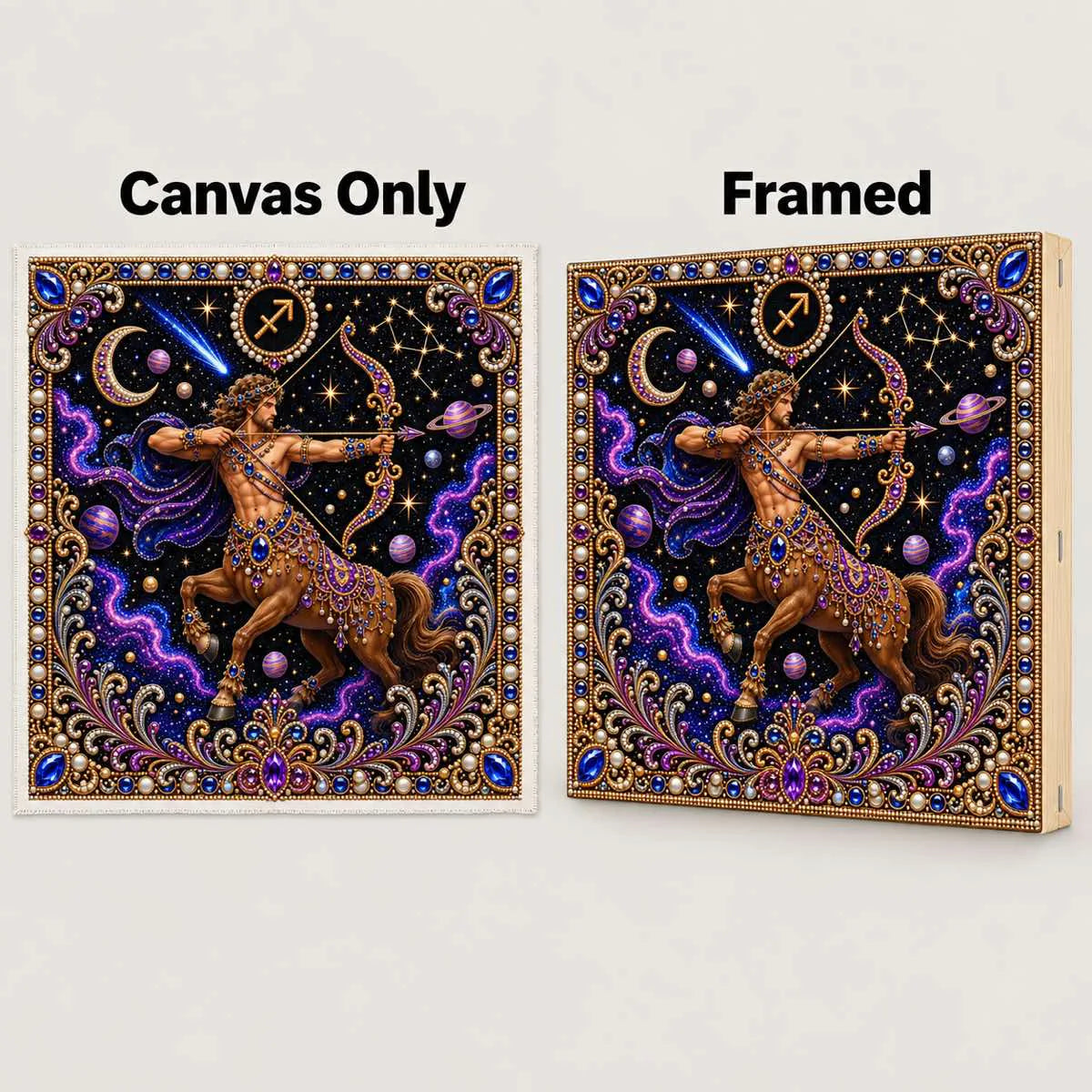 sagittarius canvas-only and framed display options; no decorative outer frame included
