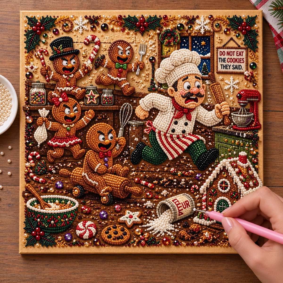 Santa Gingerbread Kitchen Pearl Diamond Painting Kit process
