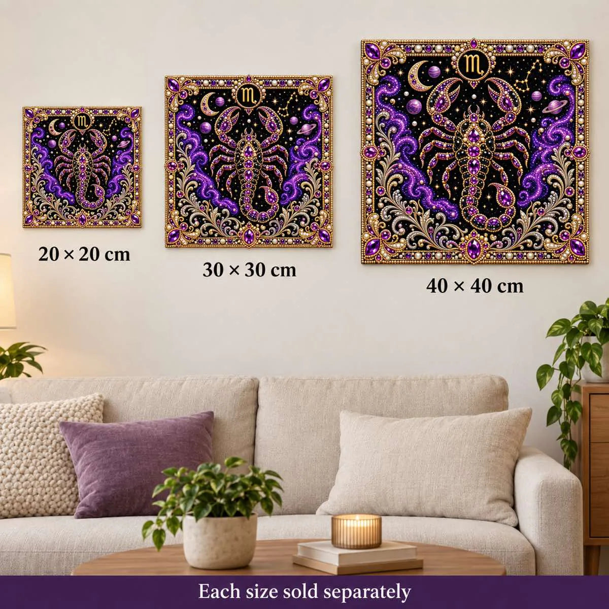 scorpio artwork size comparison for 20, 30 and 40 cm options; each sold separately