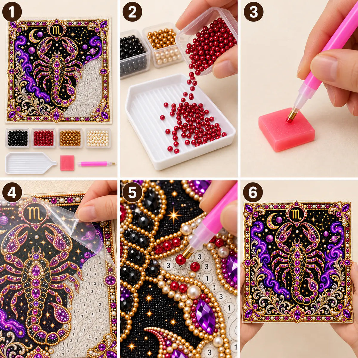 Six illustrated steps for placing pearls on the scorpio design