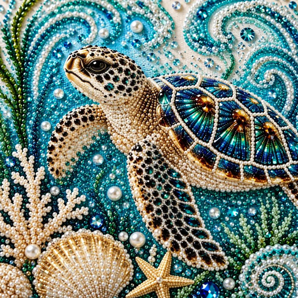 Close-up of glossy pearls and printed canvas in the sea turtle design