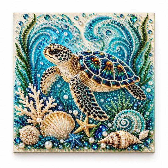 Finished sea turtle pearl painting design on a clean background