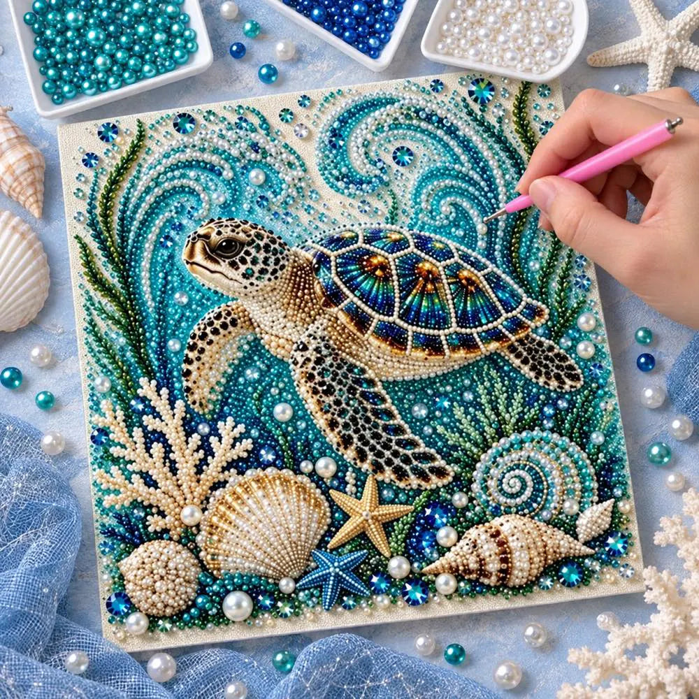 Pearl placement process on the sea turtle printed canvas