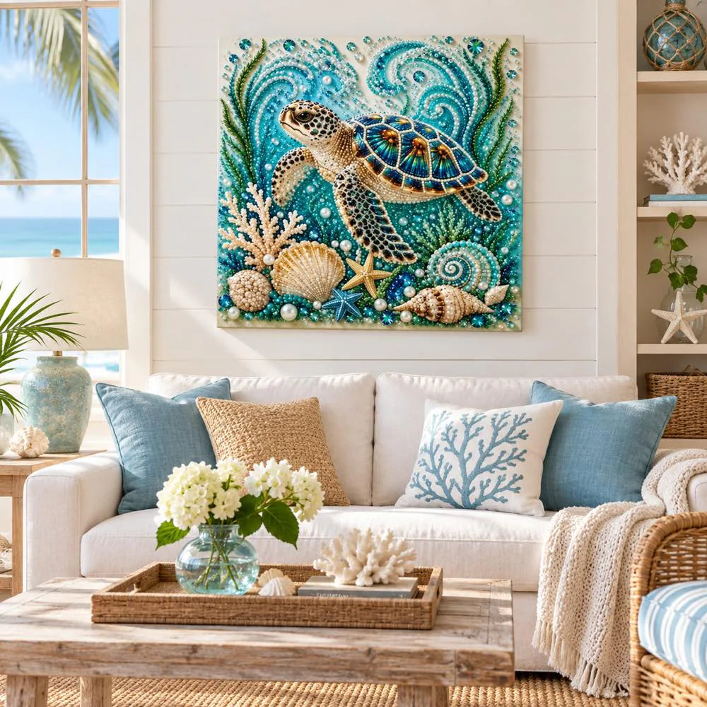 Sea turtle pearl artwork shown as a home display example