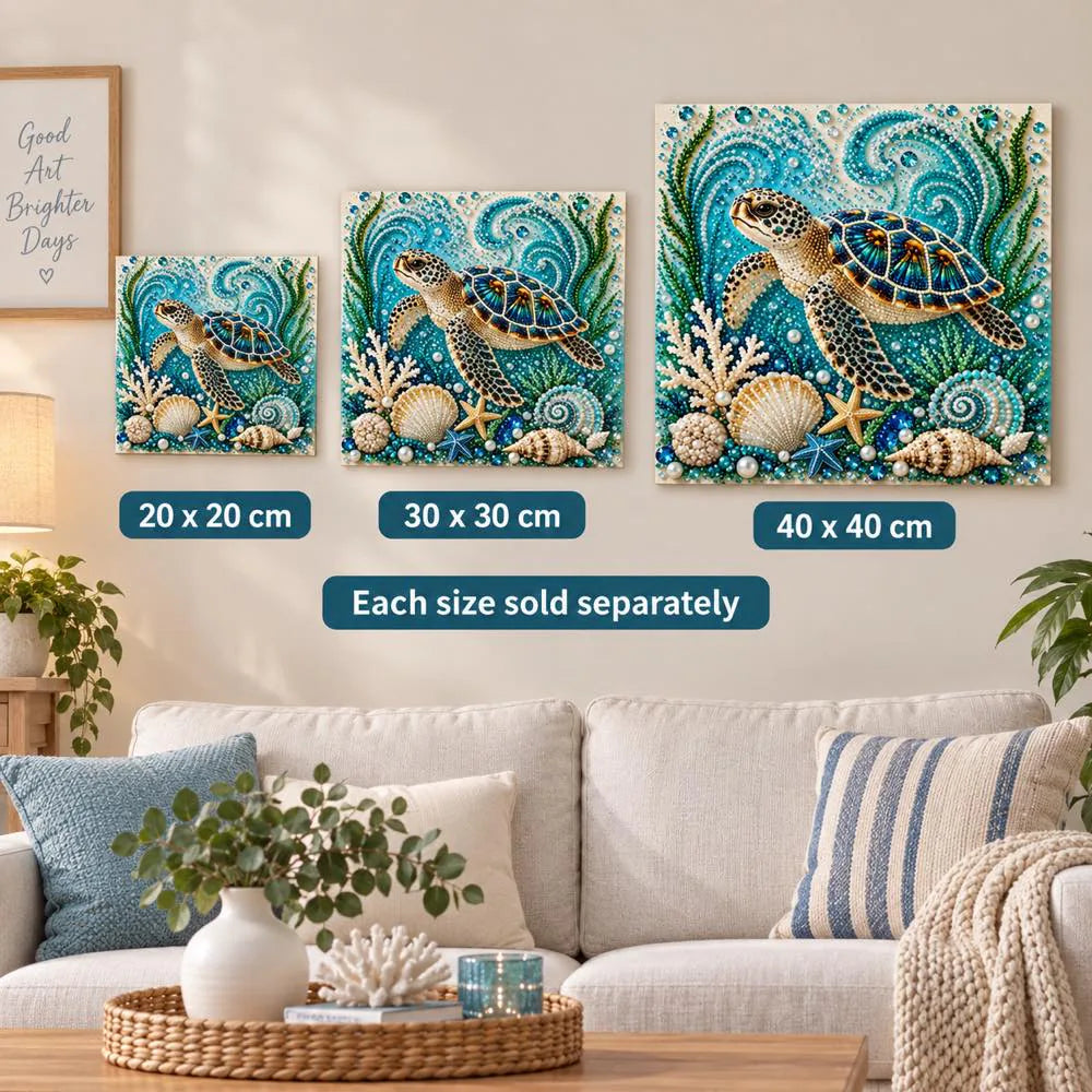 Sea turtle artwork size comparison for 20, 30 and 40 cm options; each size sold separately