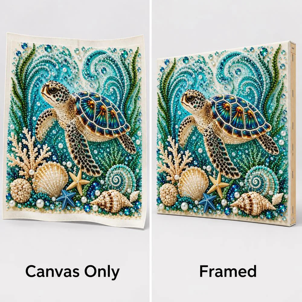Sea turtle canvas-only and framed display options; no decorative outer frame included