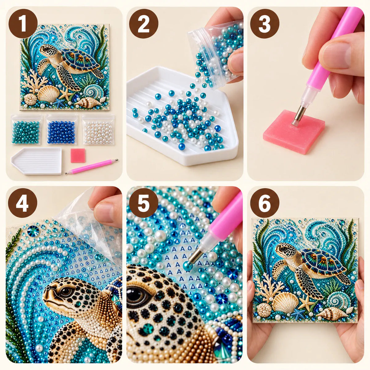 Six illustrated steps for placing pearls on the sea turtle design