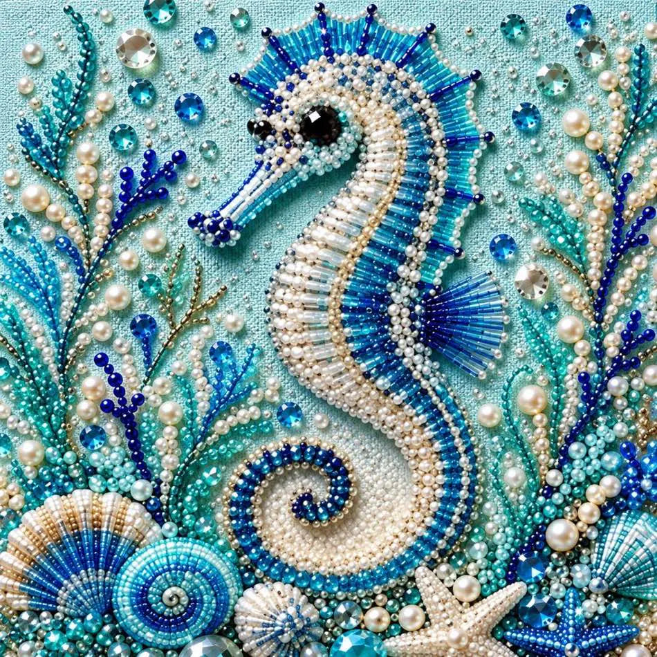 Close-up of glossy pearls and printed canvas in the seahorse design