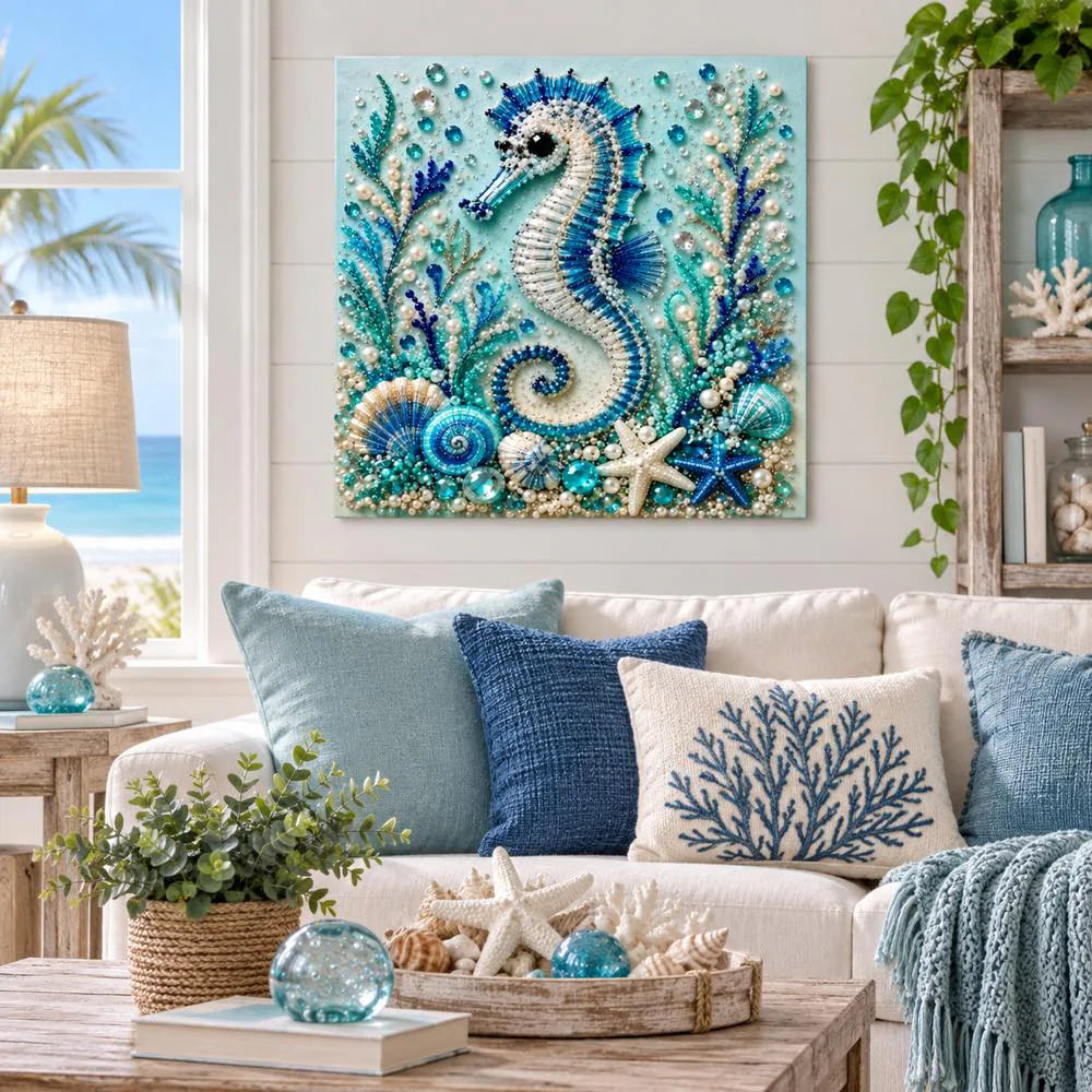 Seahorse pearl artwork shown as a home display example