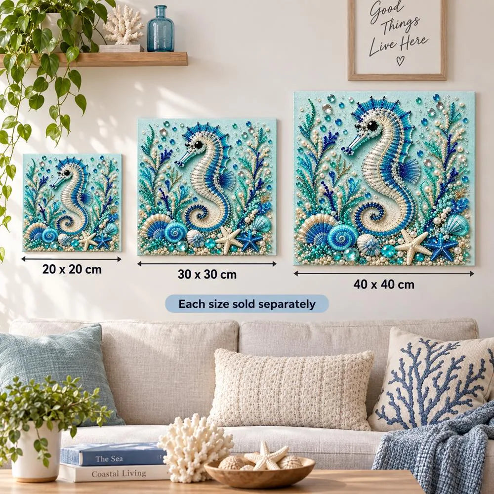 Seahorse artwork size comparison for 20, 30 and 40 cm options; each size sold separately