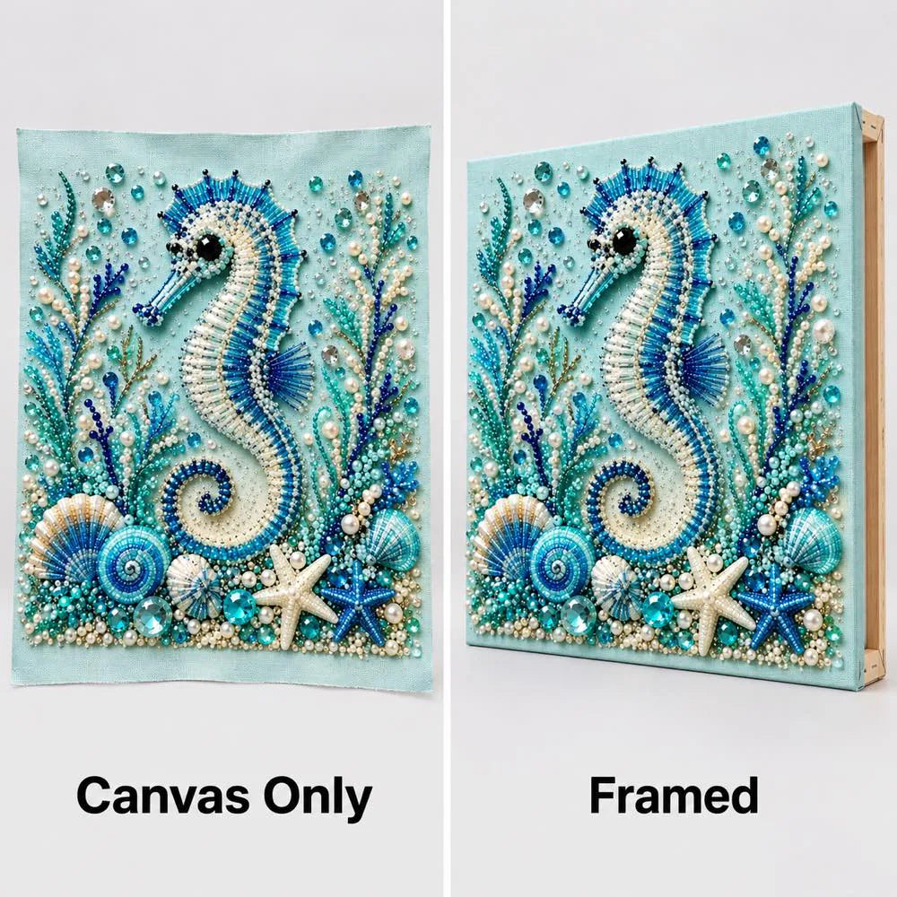 Seahorse canvas-only and framed display options; no decorative outer frame included