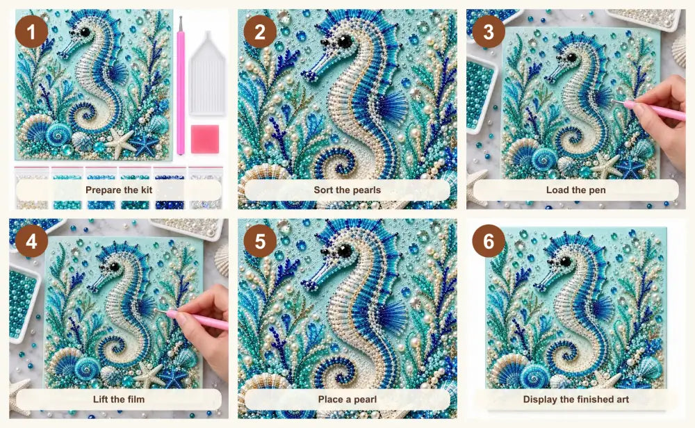 Six illustrated steps for placing pearls on the seahorse design