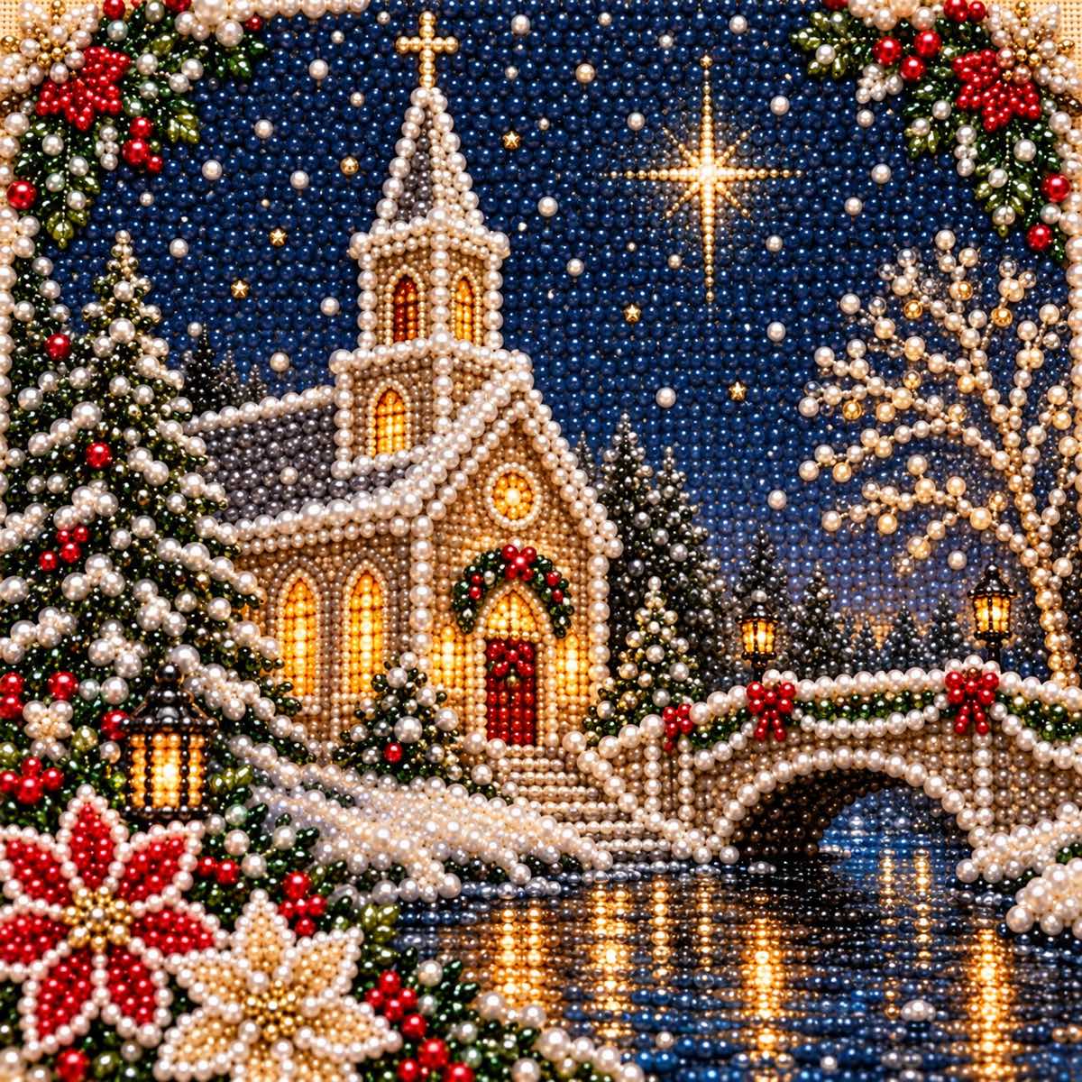 Snowy Church Christmas Night — detail image