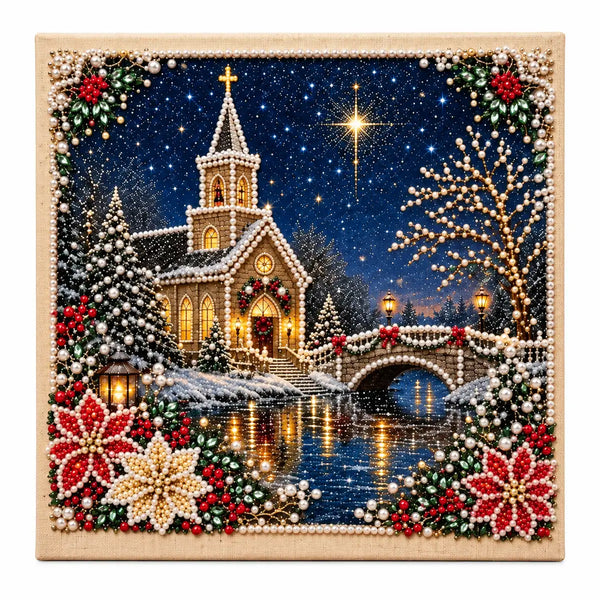 Snowy Church Christmas Night Pearl Diamond Painting Kit