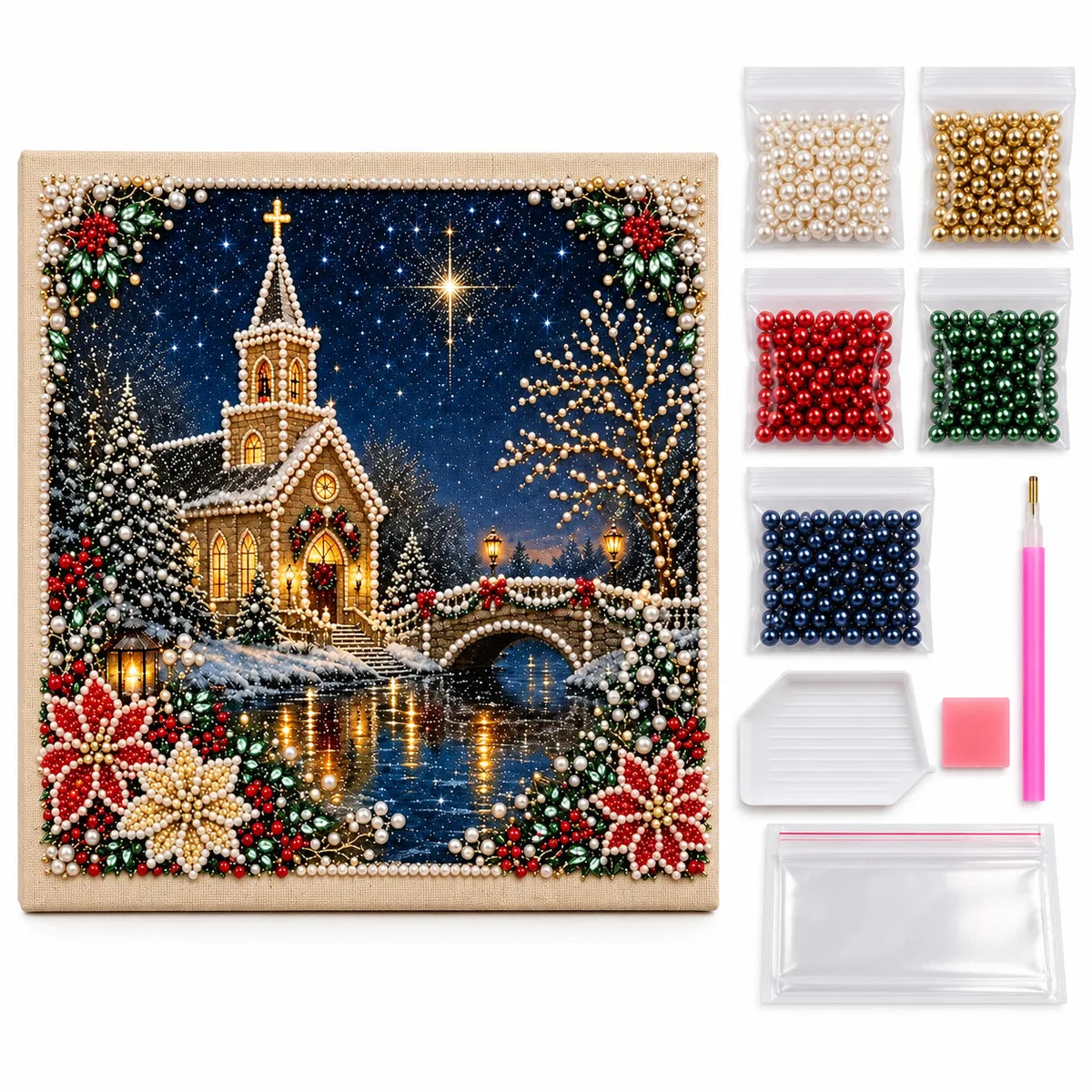 Snowy Church Christmas Night Pearl Diamond Painting Kit
