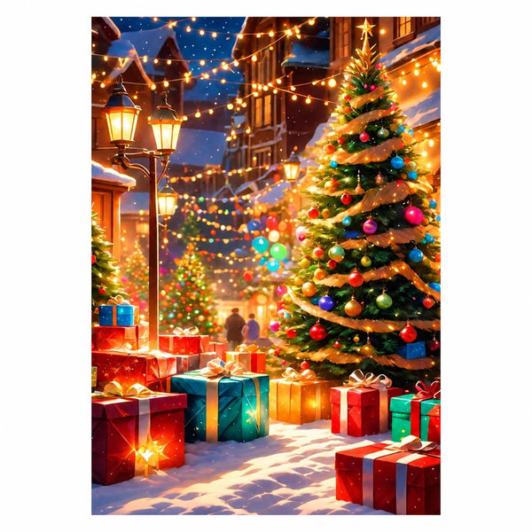 Original artwork showing starlit christmas village.