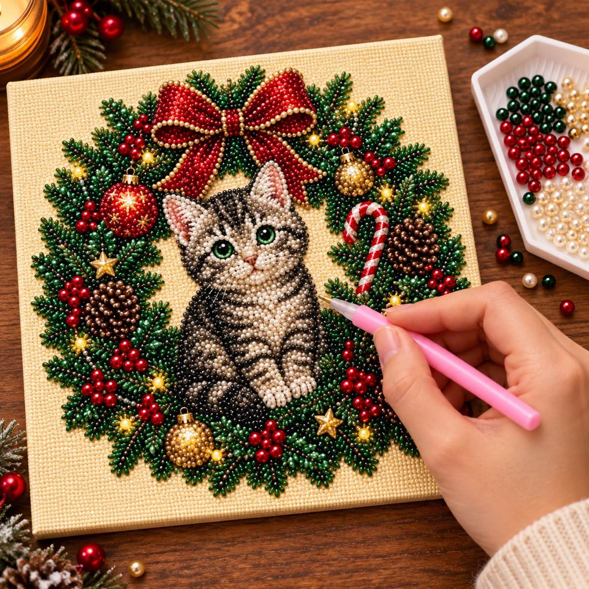 Tabby Kitten Christmas Wreath — process image
