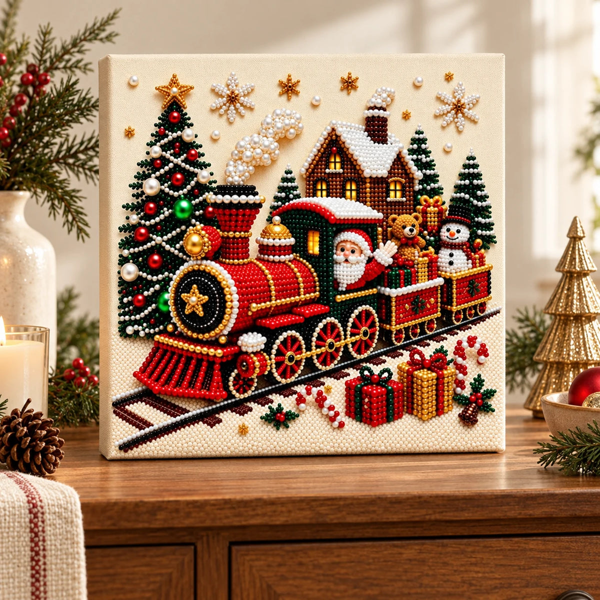 Christmas train pearl diamond painting — finished-art room display illustration; props excluded