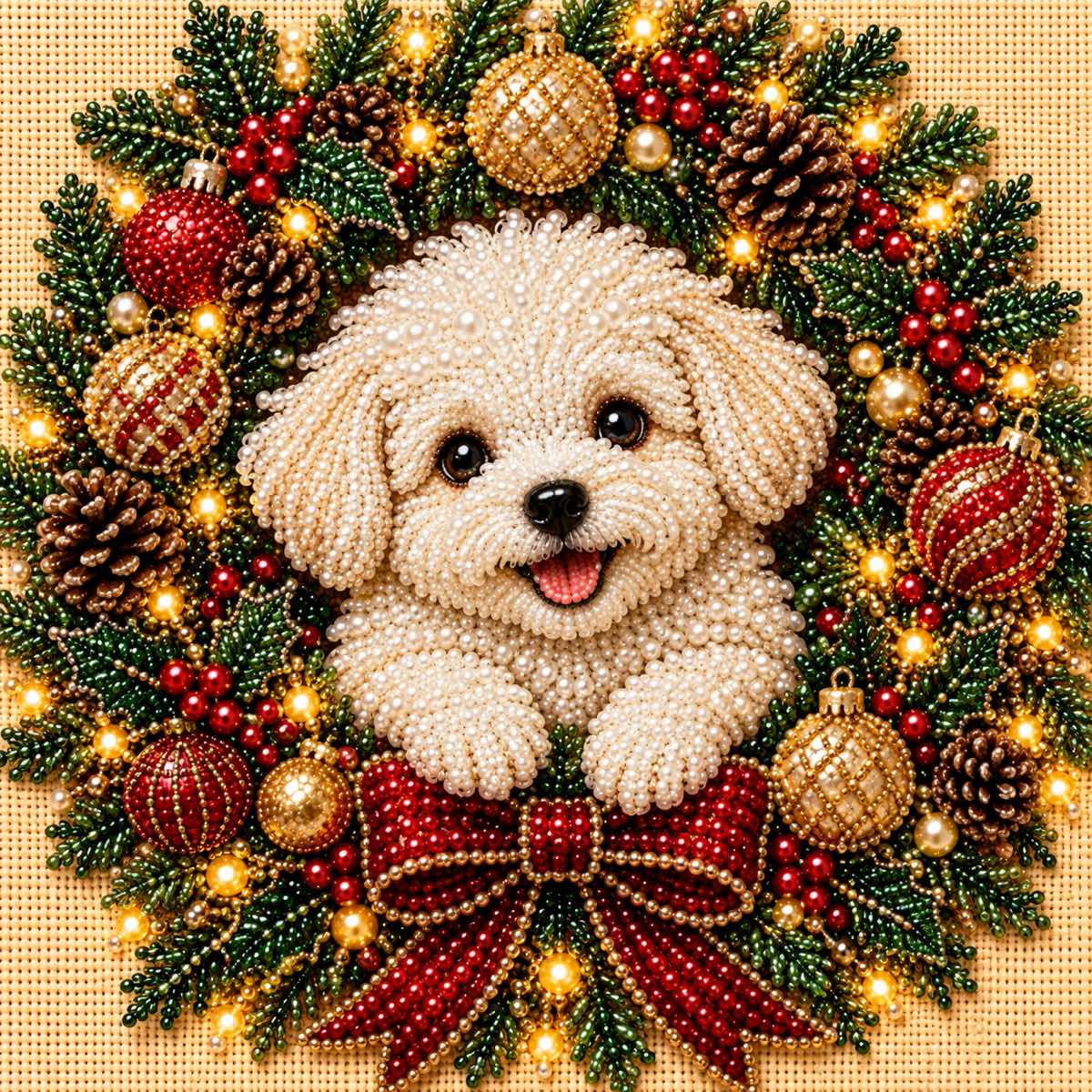 White Puppy Christmas Wreath — detail image