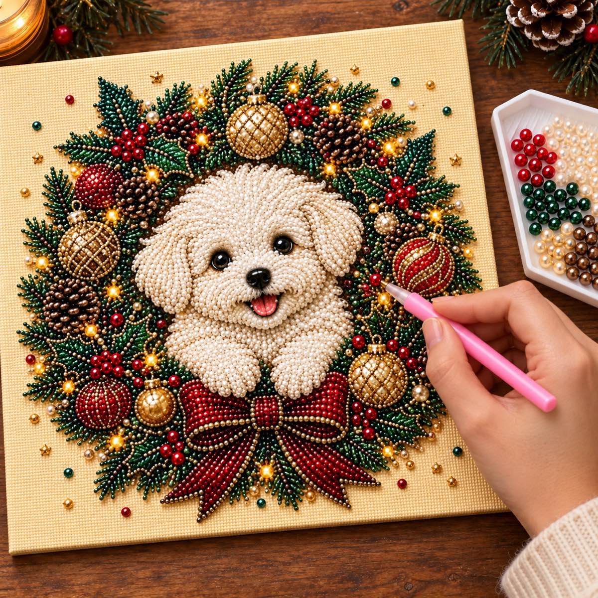 White Puppy Christmas Wreath — process image