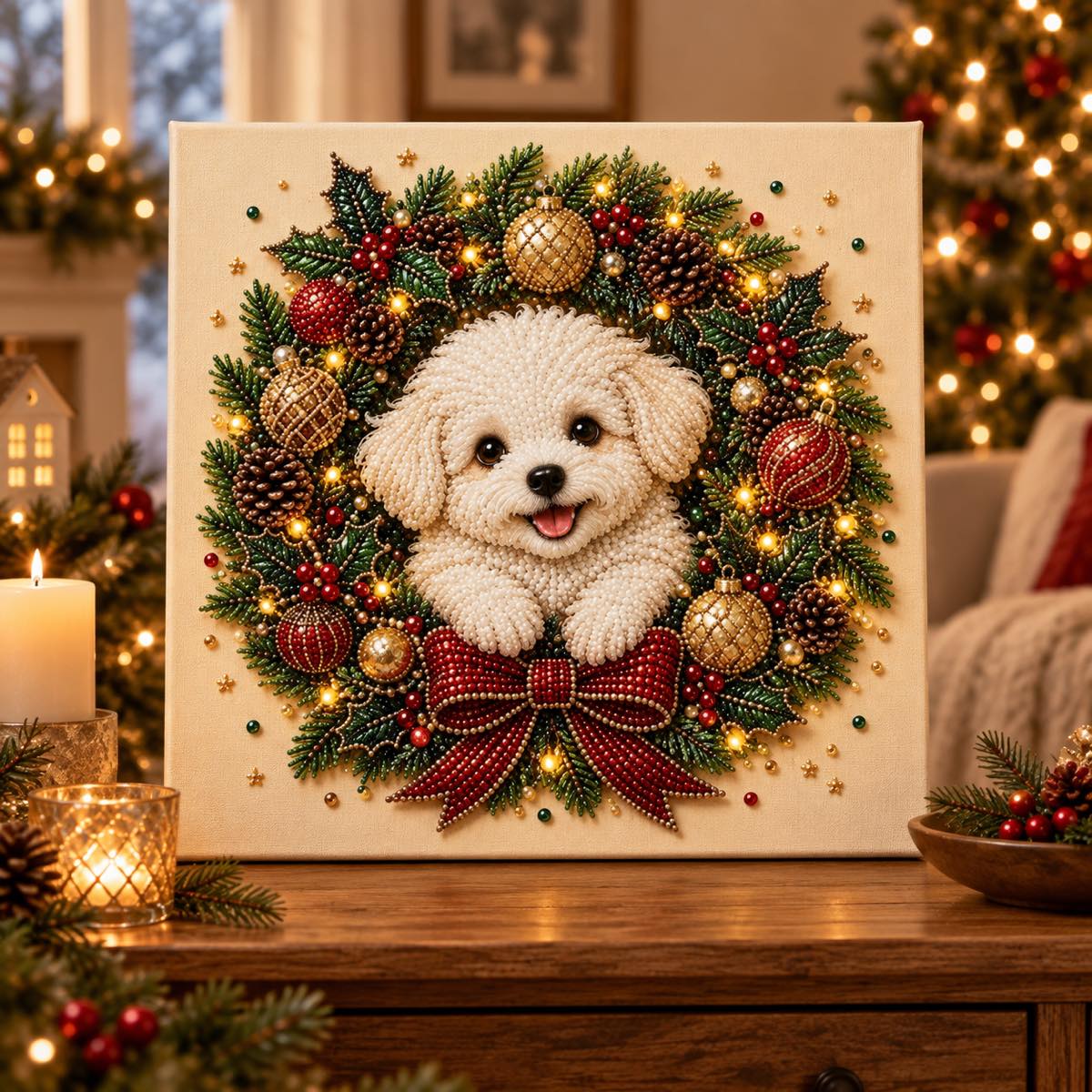 White Puppy Christmas Wreath — room image