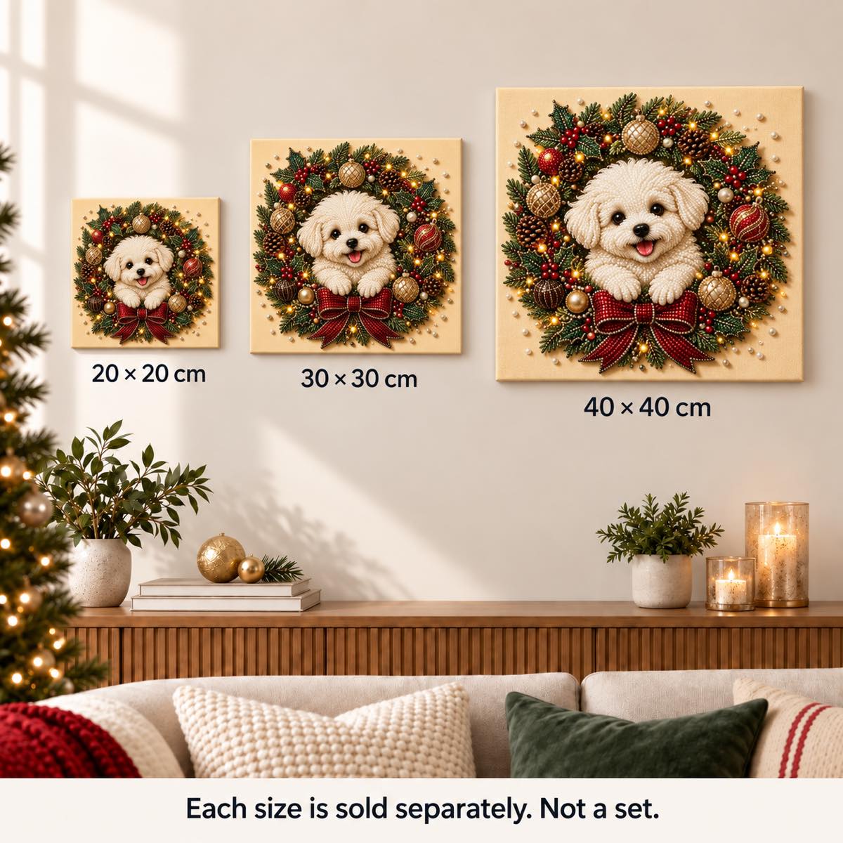 White Puppy Christmas Wreath — size image