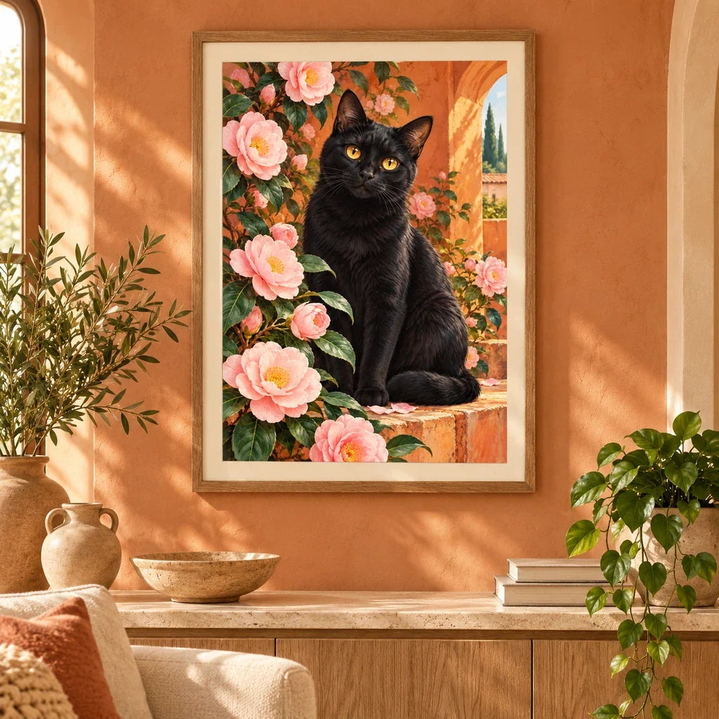 Black Cat Among Camellias diamond painting displayed as framed home wall art