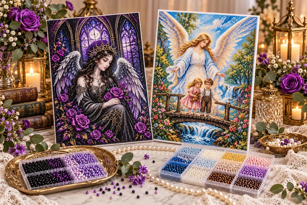 Illustrative comparison of Gothic angel and guardian angel diamond art compositions.
